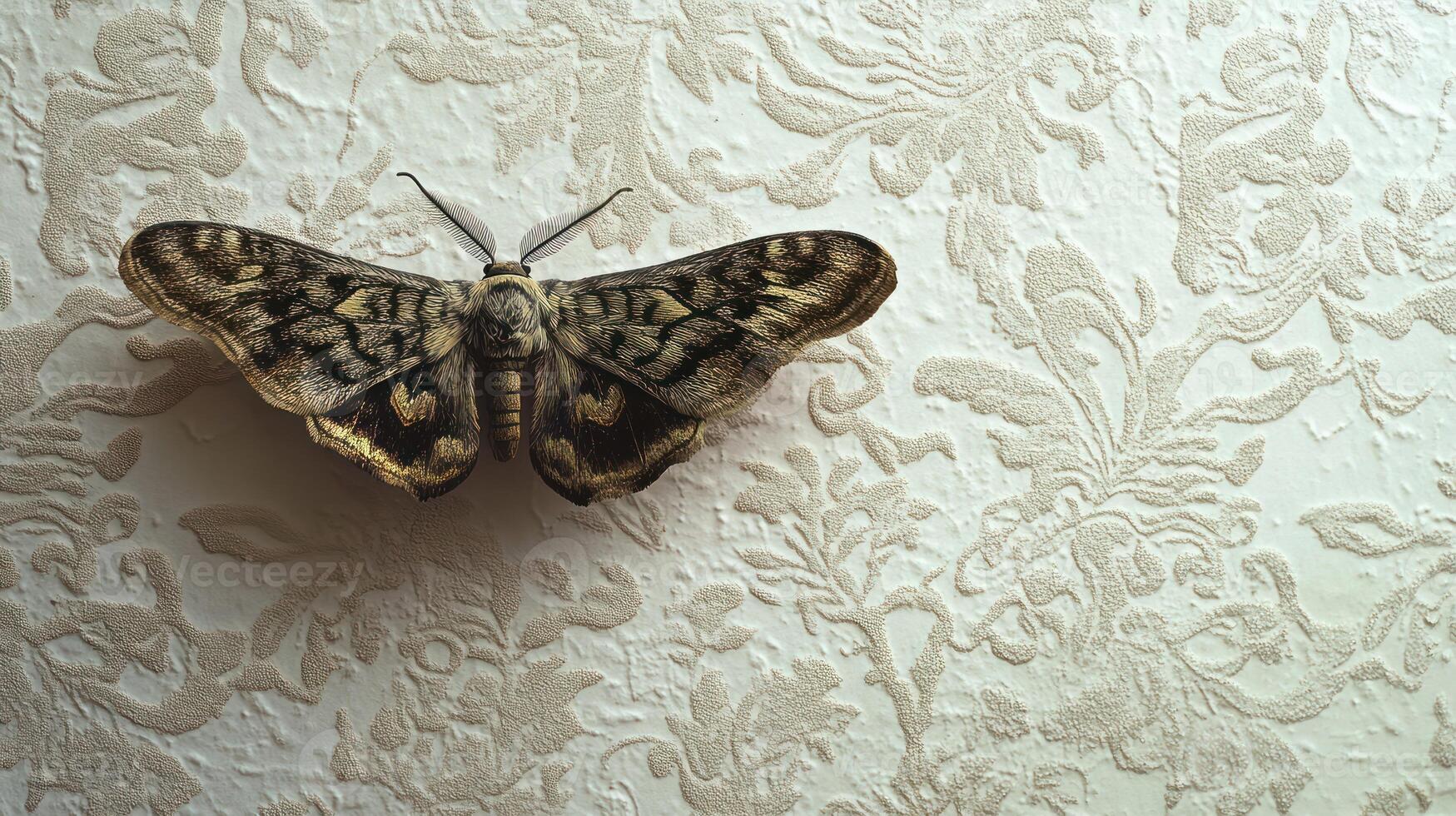 A large moth rests on an ornate textured wallpaper design photo