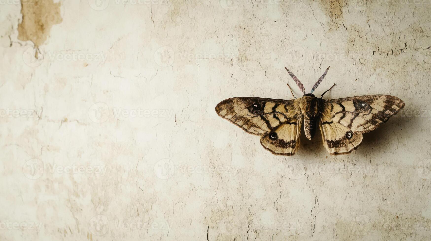 A large moth with striking patterns is sitting on a wall photo