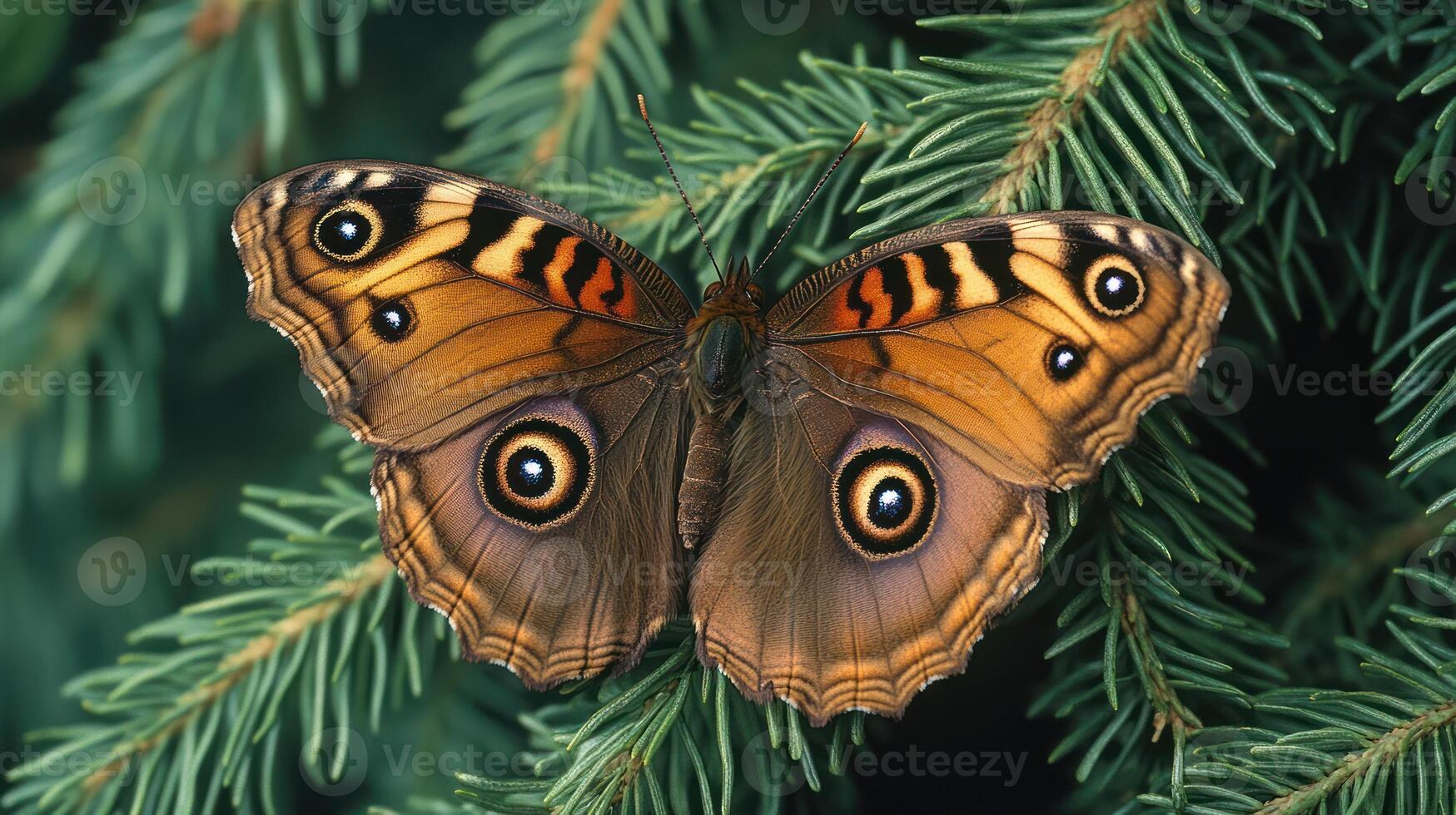 A brown butterfly sits on a pine tree branch photo
