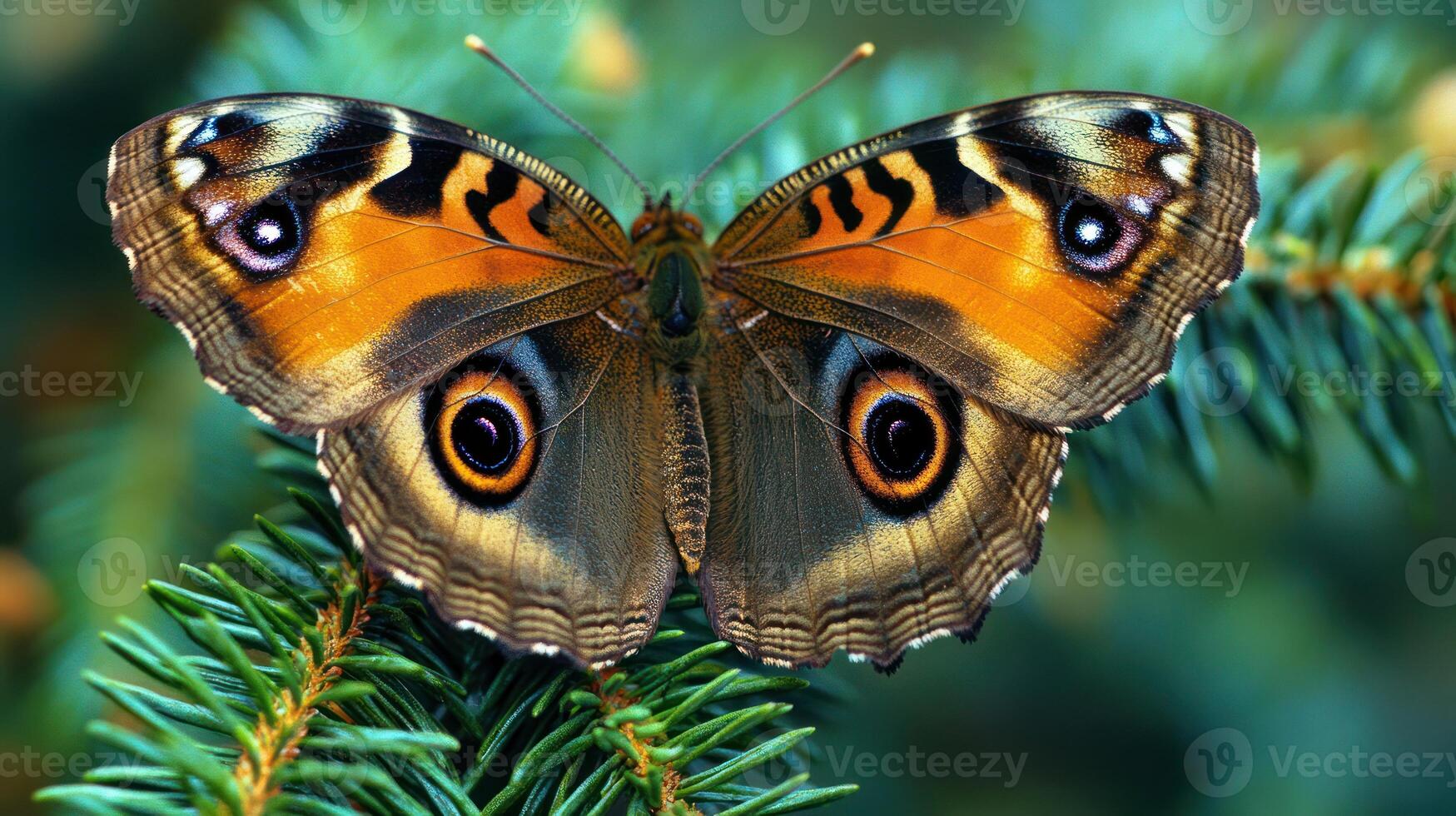 A beautiful butterfly rests perfectly on a green plant branch photo