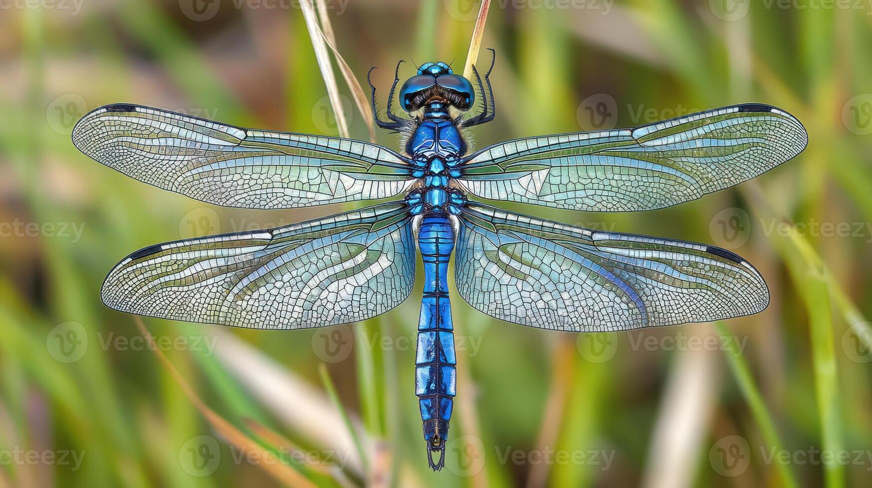 A close up of a blue dragonfly with detailed wings photo