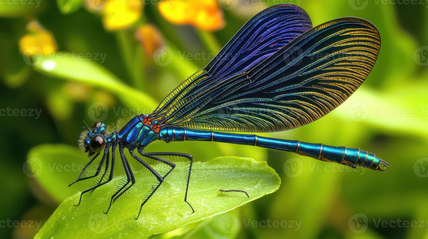 A beautiful dragonfly resting on a green leaf with colorful wings photo
