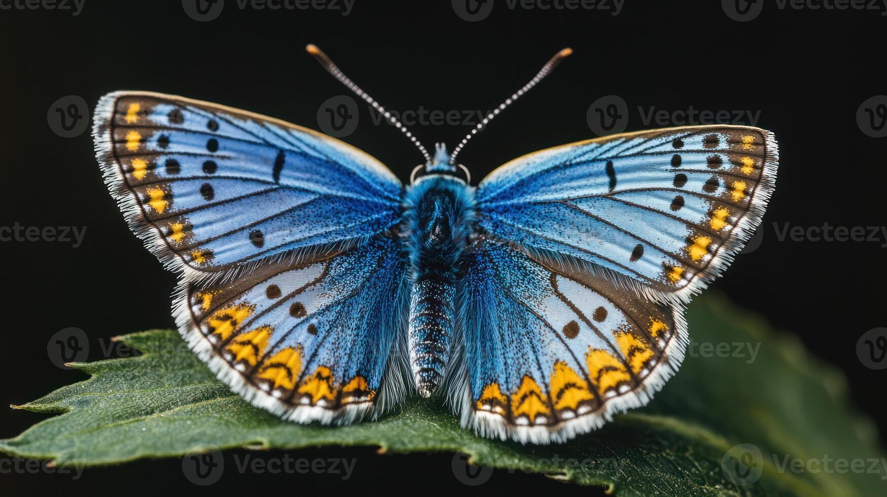 A vibrant butterfly with blue wings resting on a green leaf photo