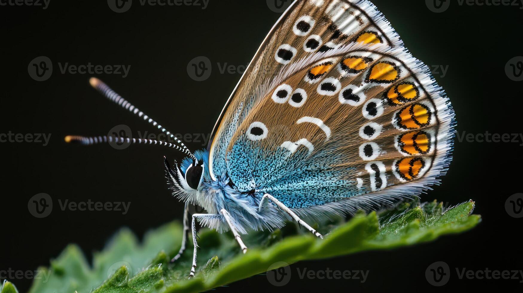 A beautiful butterfly perched on a vibrant green leaf detail closeup photo