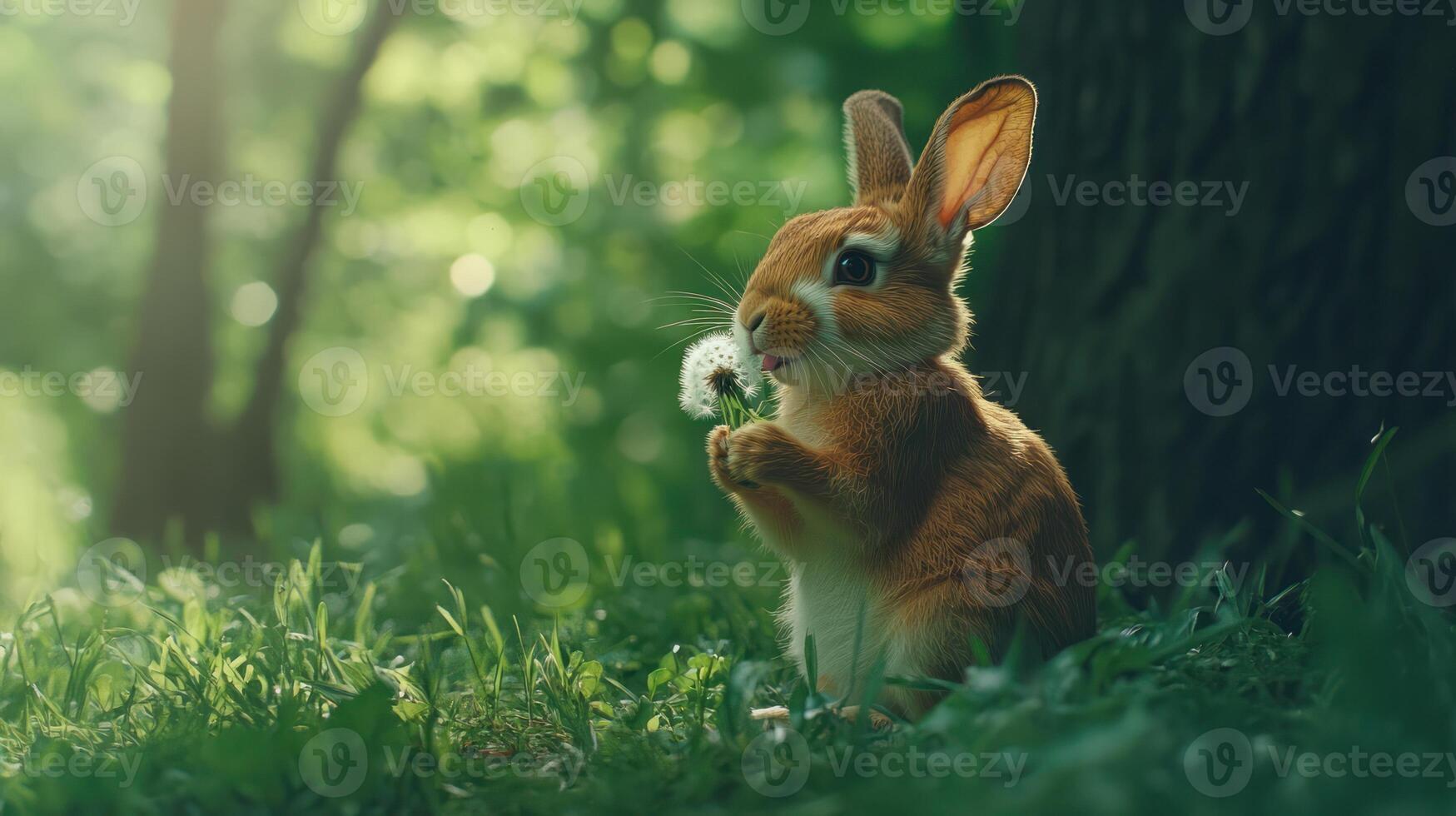 A small rabbit is eating a dandelion in the green grass photo
