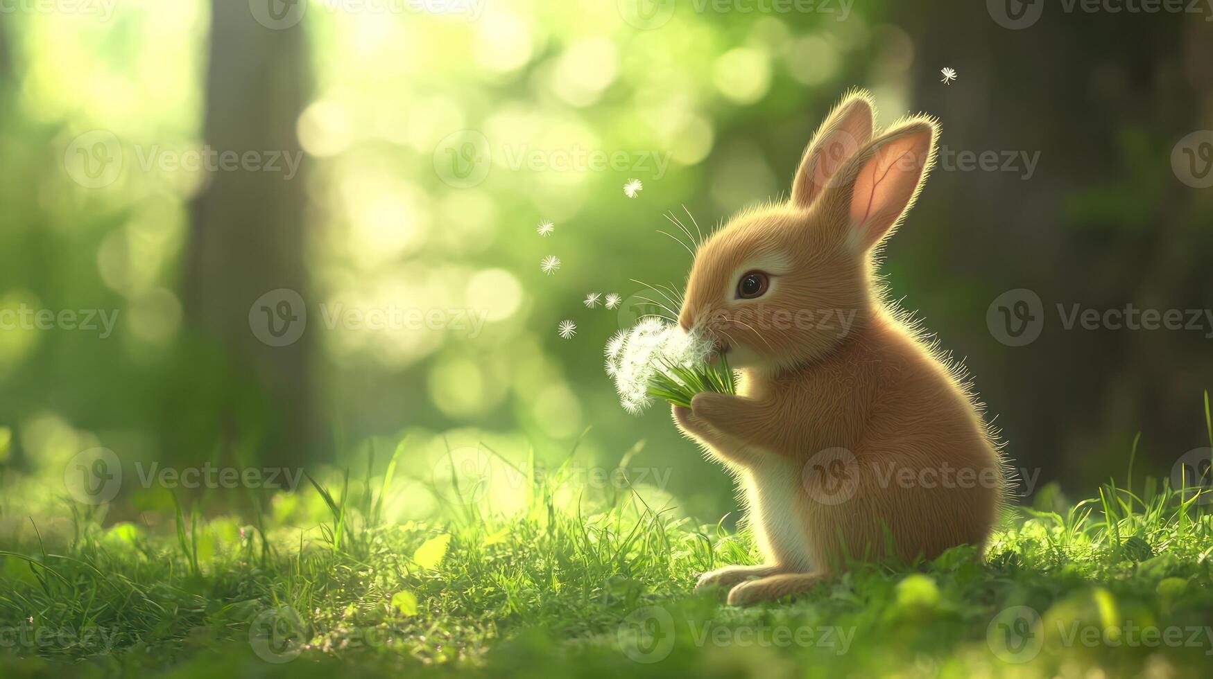 A cute rabbit blowing dandelion seeds in a lush green meadow photo