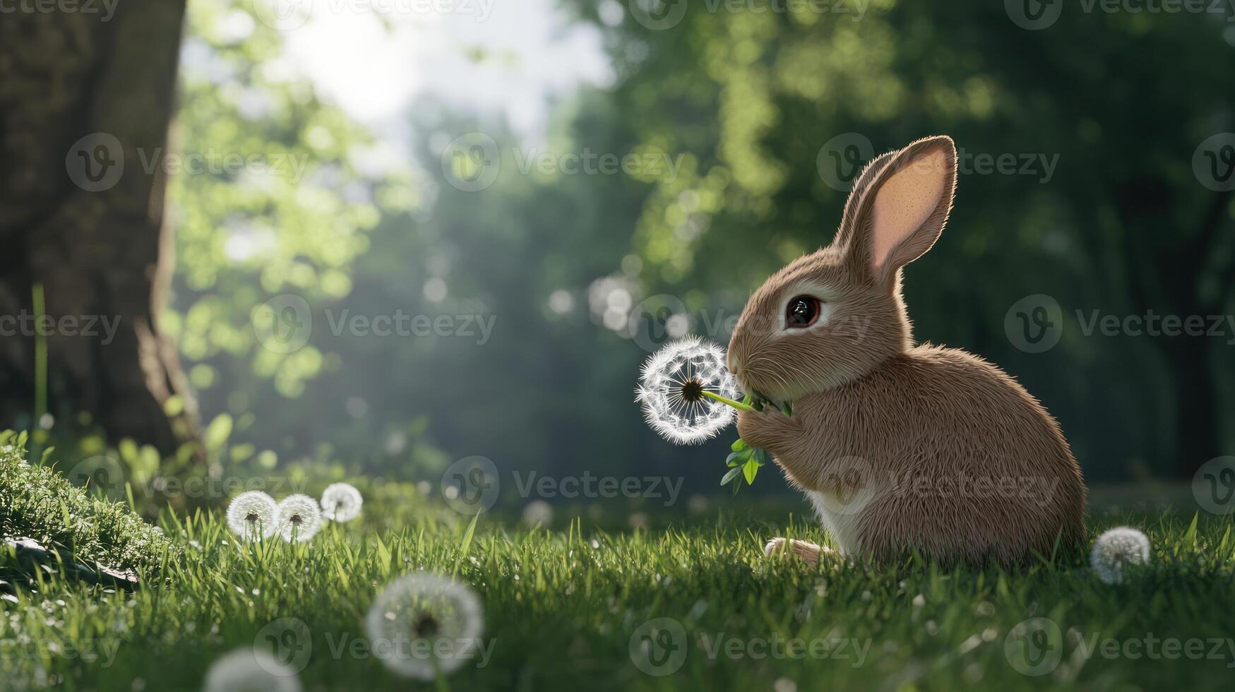 A fluffy brown rabbit enjoys eating a dandelion in a green meadow photo