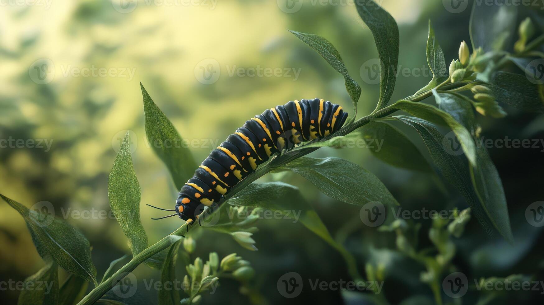 A colorful caterpillar is crawling on green leafy foliage photo