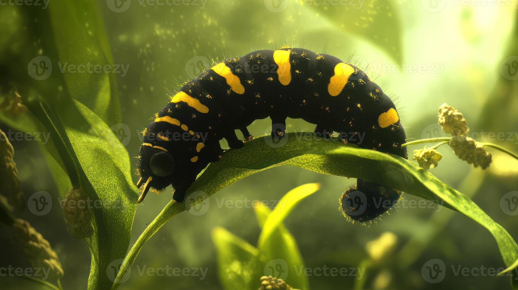 A colorful caterpillar crawls on a green leaf and foliage photo