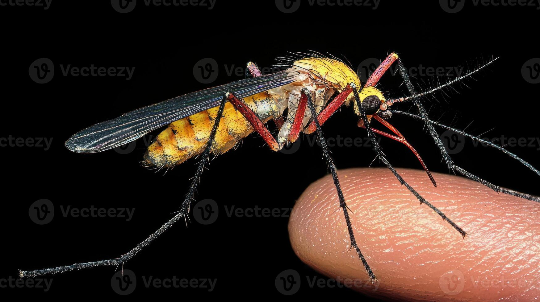 A detailed macro photograph of a colorful mosquito on a finger photo