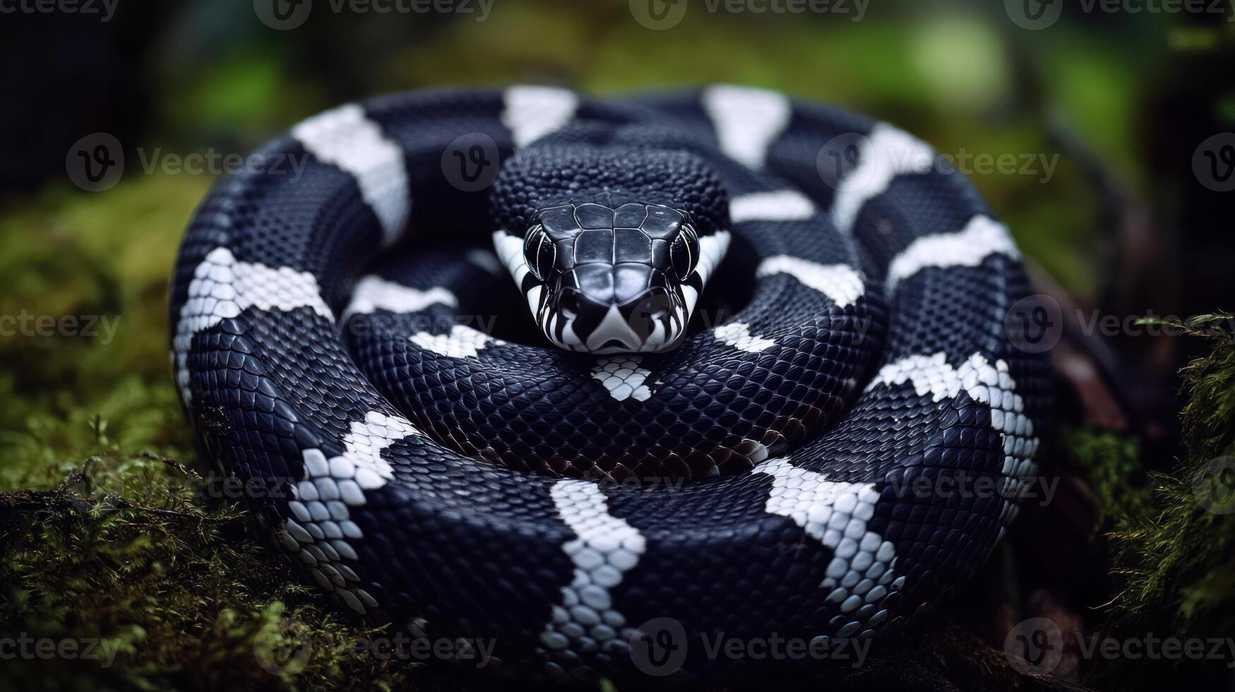 A coiled snake displays striking black and white banded patterns on its body photo