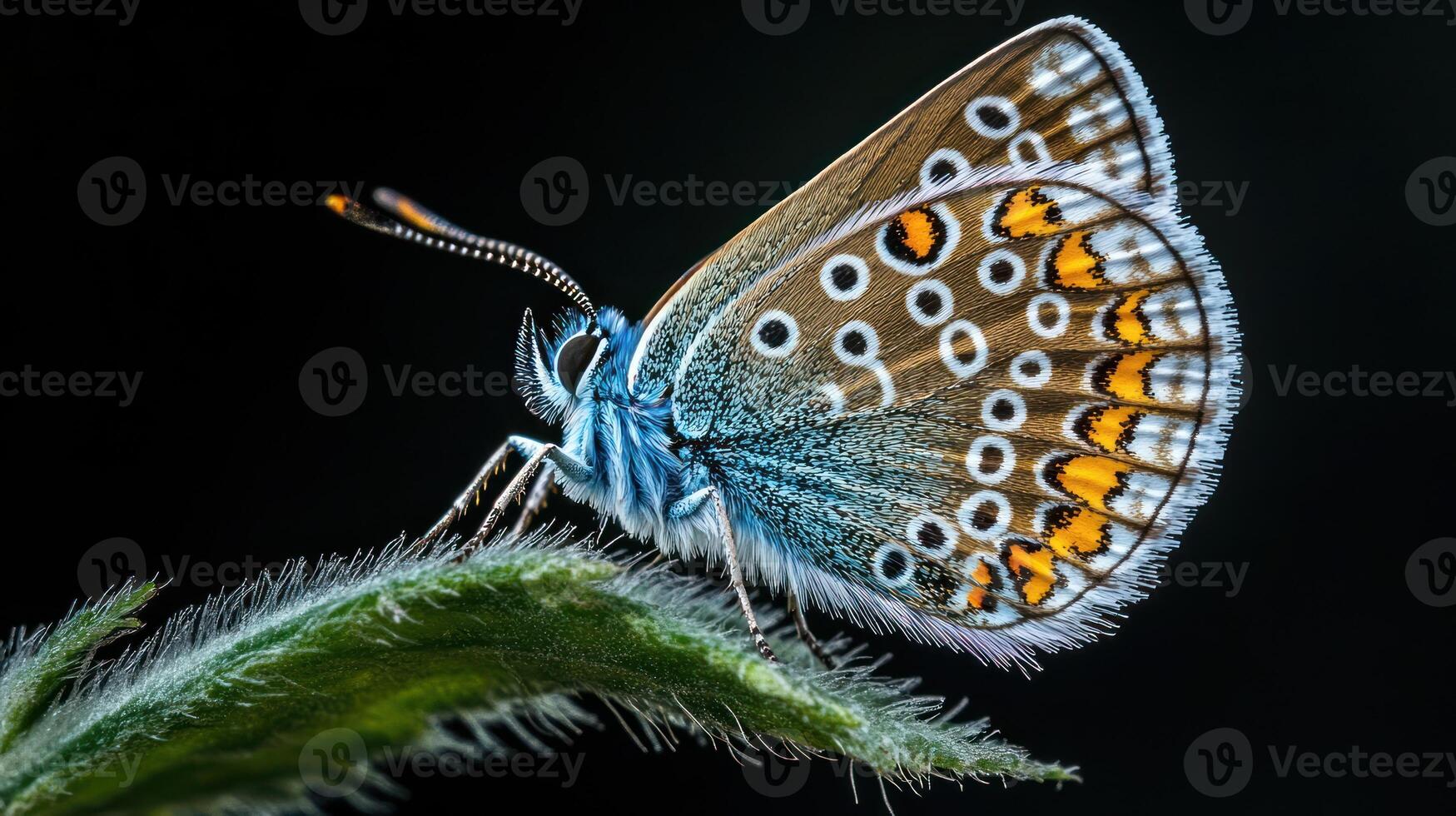 A beautiful butterfly with intricate wing patterns is resting on a leaf photo