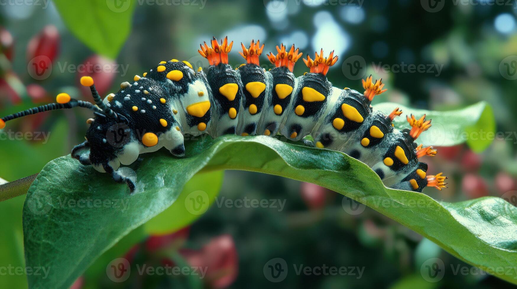 A colorful caterpillar with detailed patterns resting on a green leaf photo