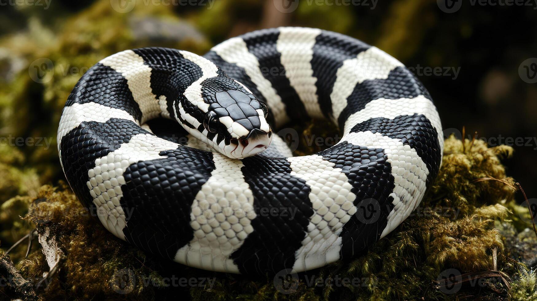 A coiled snake with striking black and white striped patterns photo