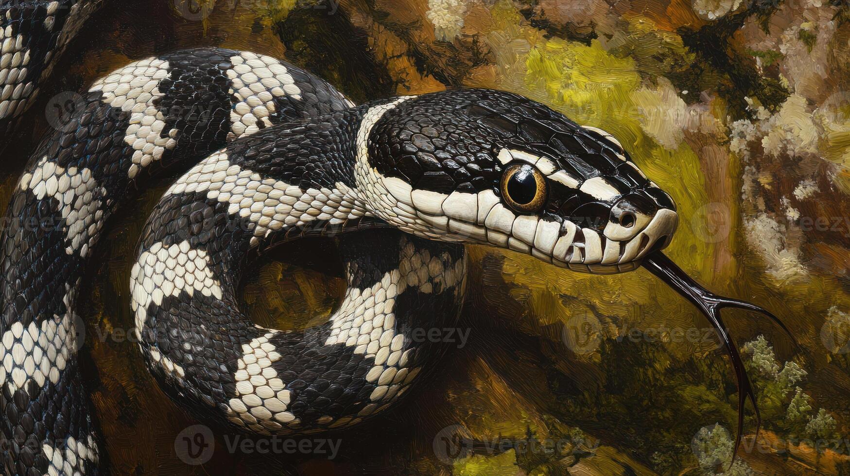 A detailed painting depicting a striking snake with patterned scales photo