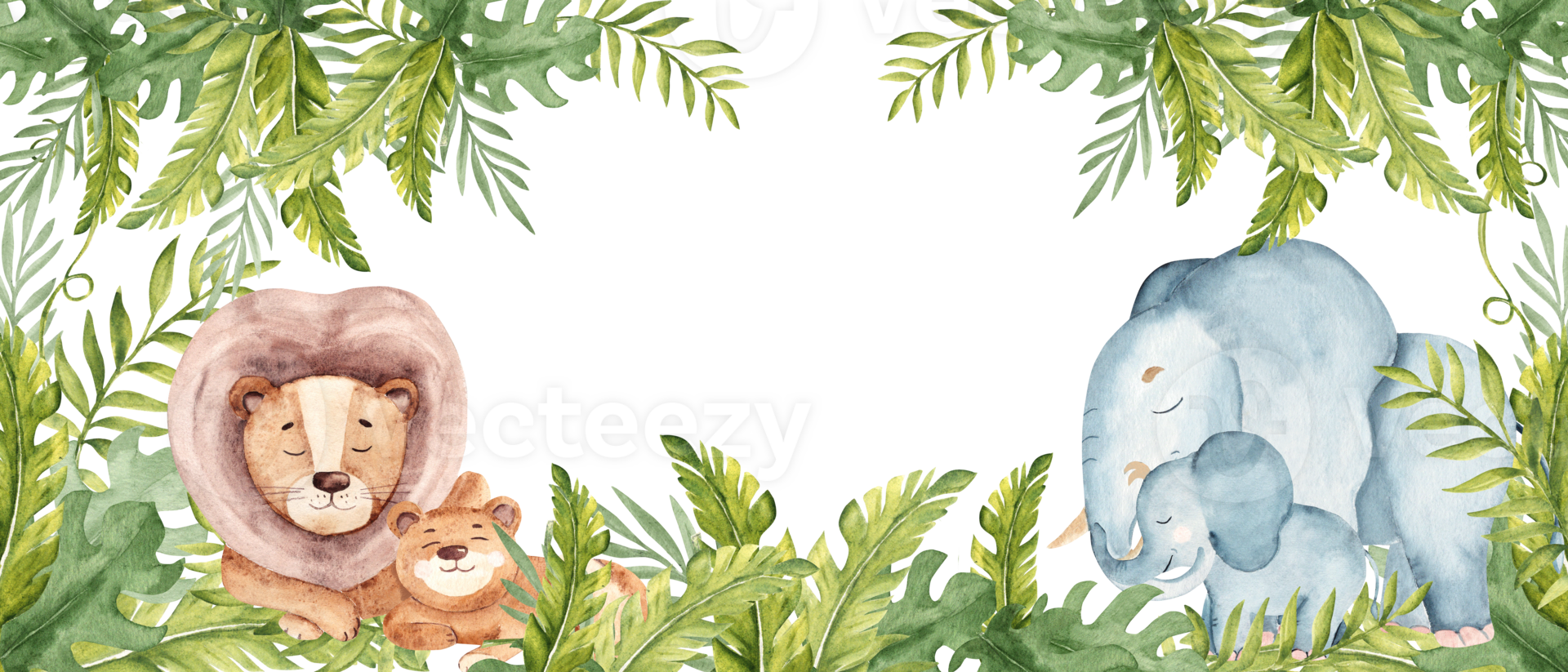 Safari Animals and Tropical Leaves horizontal square Frame, banner. Cute elephant and lion baby and adults. Watercolor hand drawn illustrations. For kid cards and invitations. png