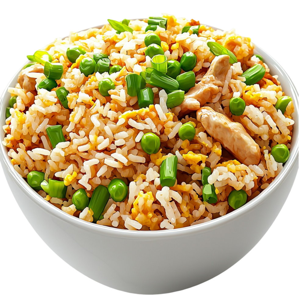 Bowl of fluffy white rice mixed green peas and On Transparent Background png