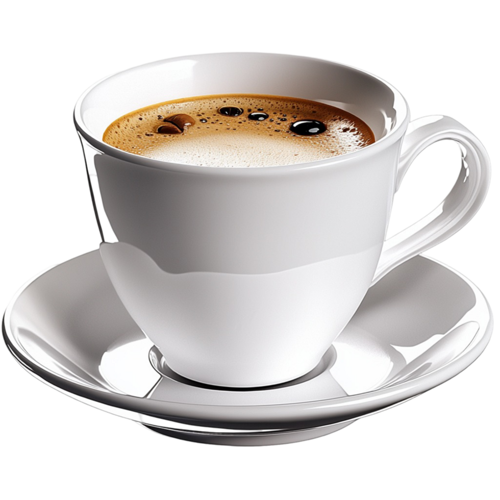 White ceramic cup filled frothy cappuccino and a saucer On Transparent Background png