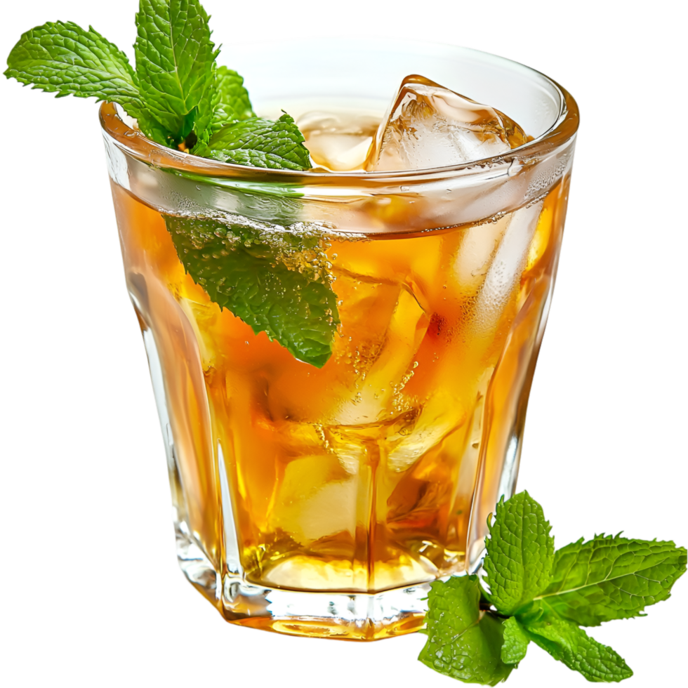 Iced tea glass mint leaves refreshing amber beverage png