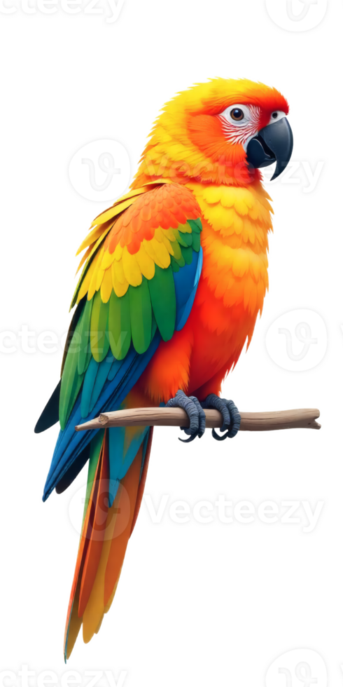 Colorful Parrot Perched on Branch with Vibrant Feathers in Tropical Style png