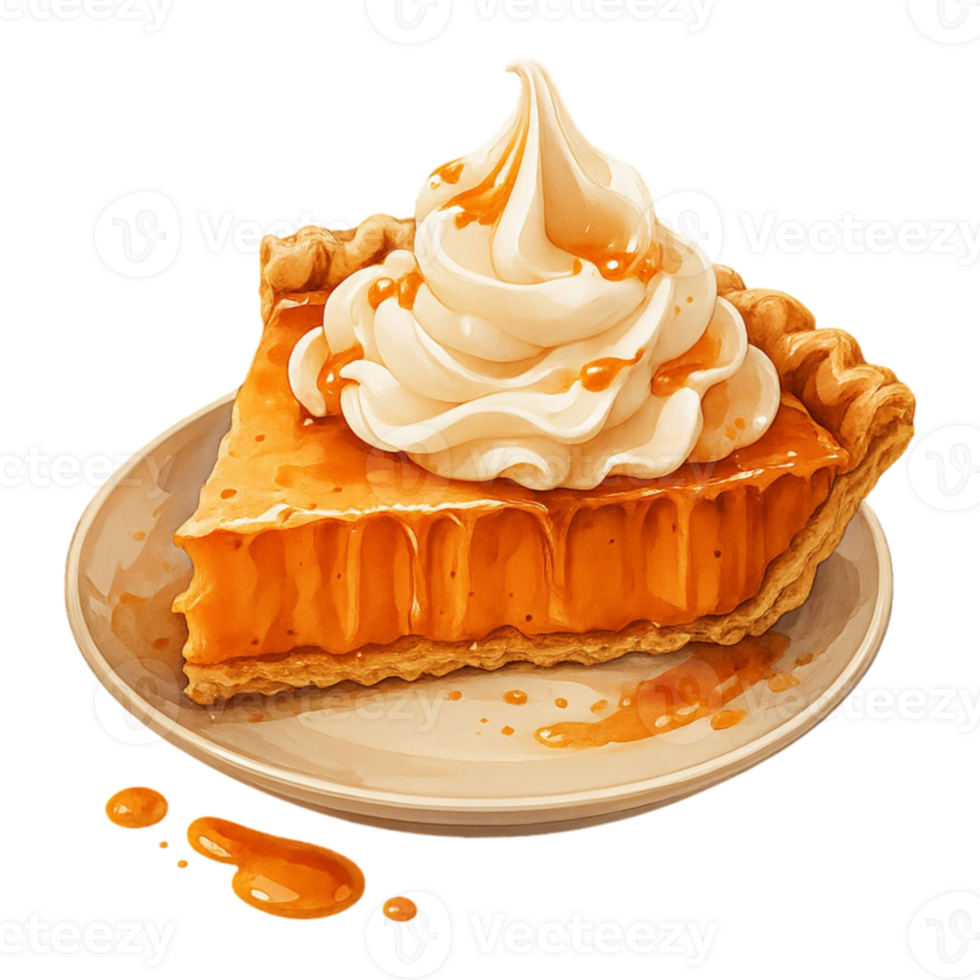 A slice of pie with whipped cream and caramel sauce png