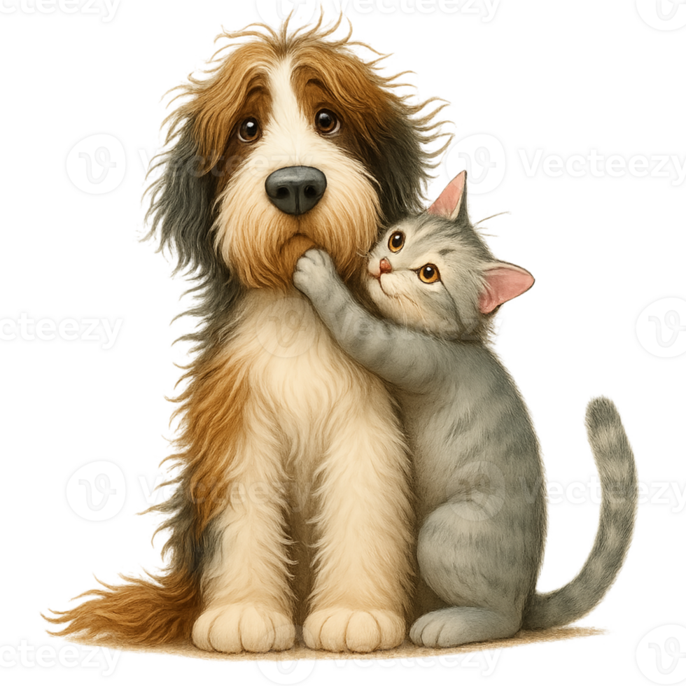 A dog and a cat hugging each other png