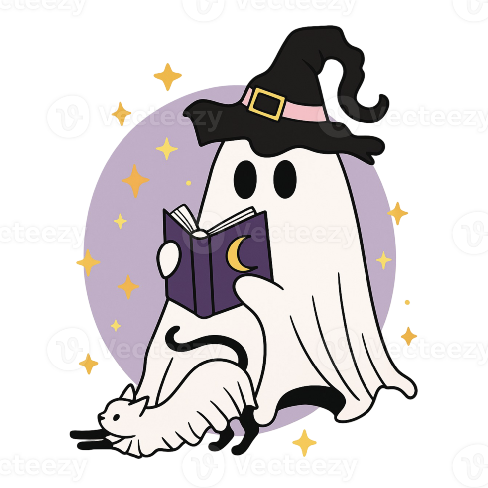 A ghost reading a book with a cat on its back png