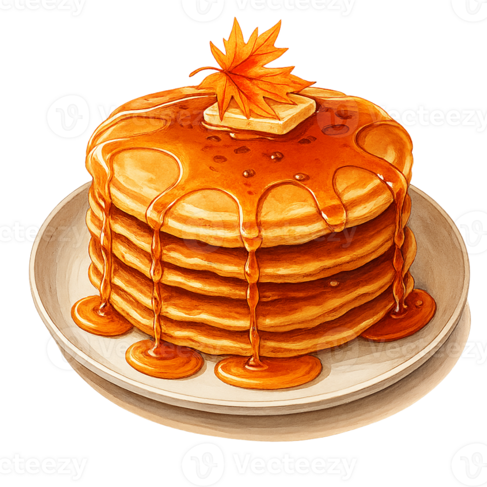 Pancakes with maple syrup and maple leaf on top png