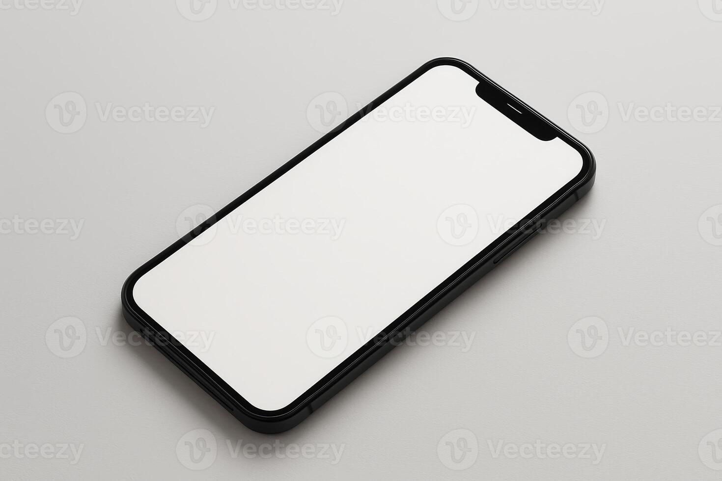 Black smartphone with blank white screen on light background. Modern mobile device mockup for app or website presentation photo