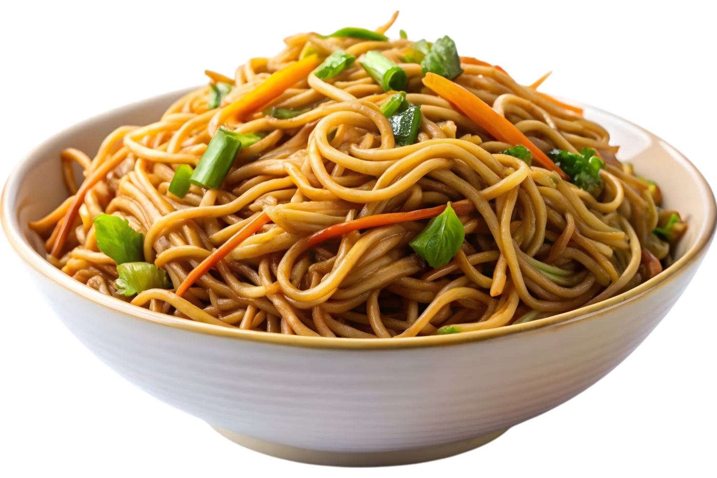 Delicious Asian Stir-fried Noodles with Carrots and Green Onions in a Bowl - Appetising Food Photography png