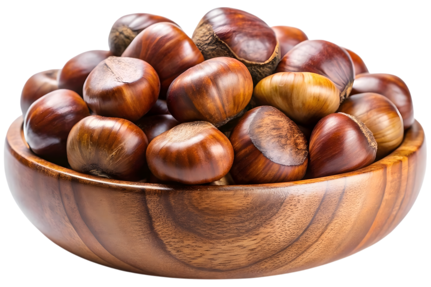 Roasted Chestnuts in a Rustic Wooden Bowl, Warm Autumnal Still Life, Delicious Fall Treat - Professional digital artwork with vibrant colors and detailed composition png