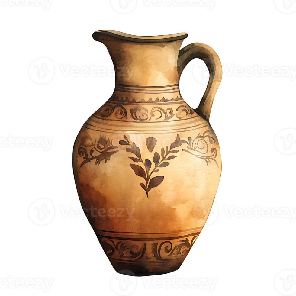 Ancient ceramic vase with decorative floral patterns and earthy png
