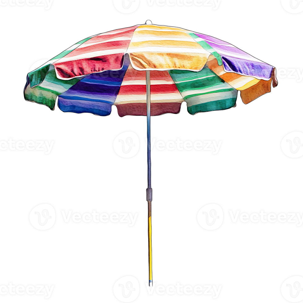 Colorful striped beach umbrella with metal pole isolated png