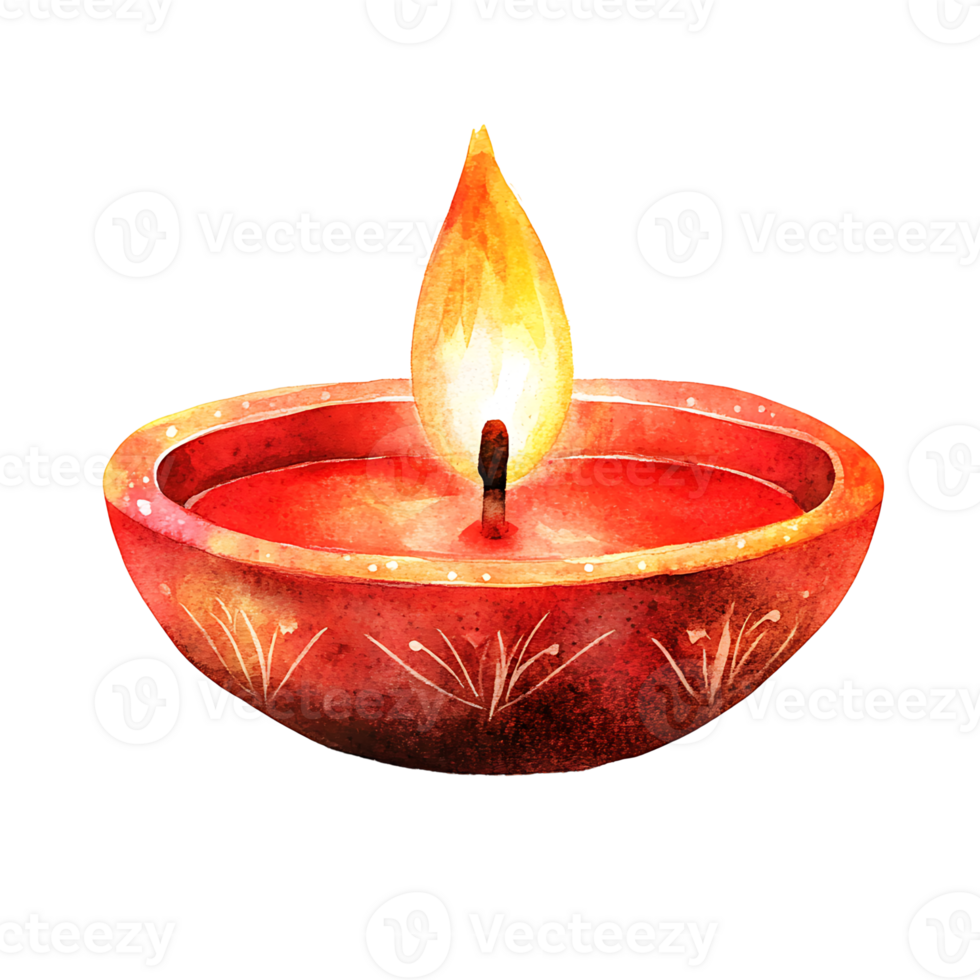 Watercolor illustration of traditional oil lamp with glowing flame png