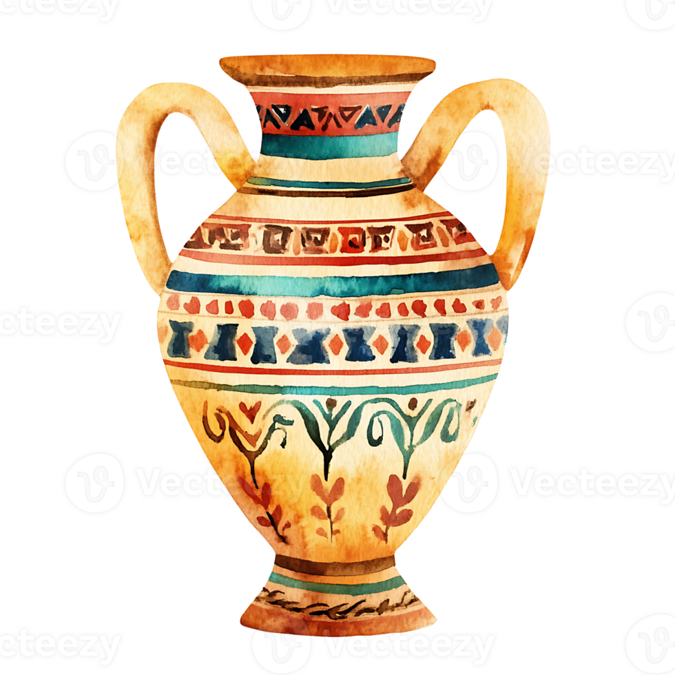 Ancient decorative vase with colorful geometric patterns png