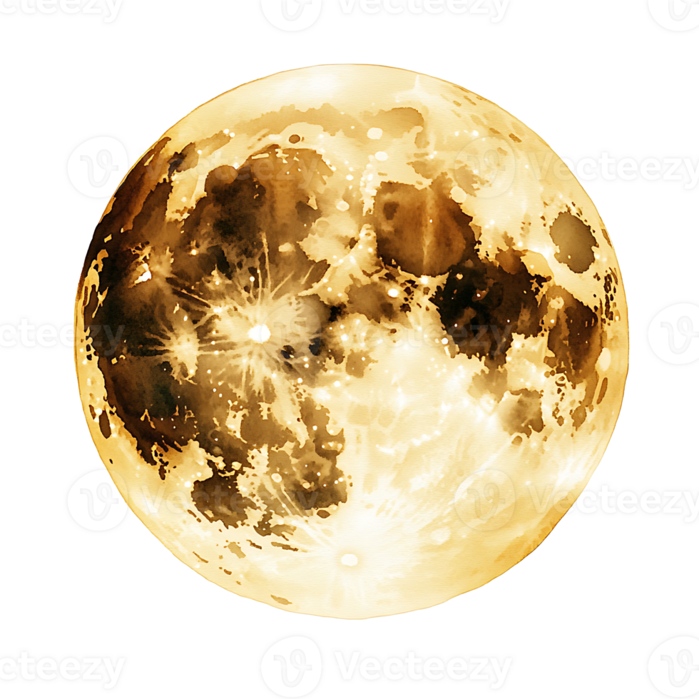 Image shows detailed, illuminated depiction of moon with golden png