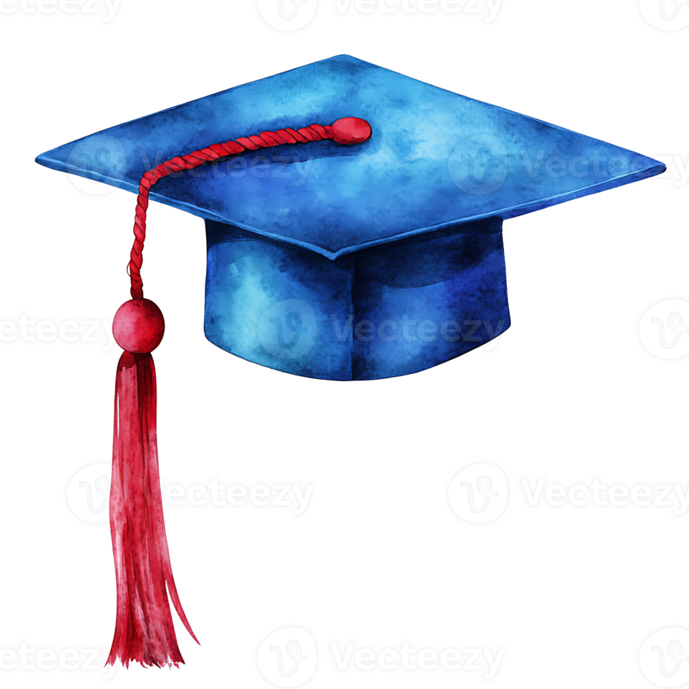 Watercolor illustration of blue graduation cap with red tassel png