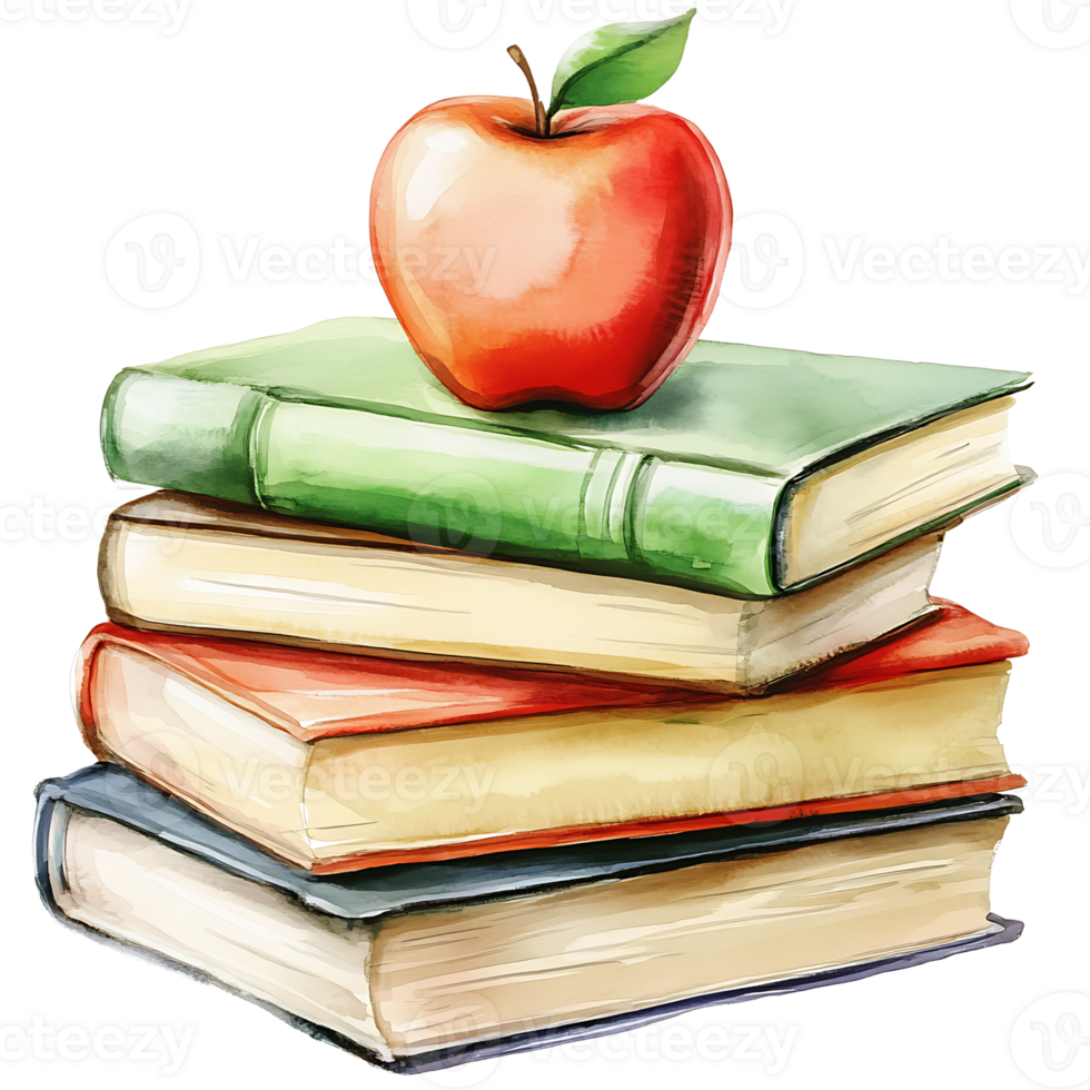 Stack of colorful books with apple top, symbolizing education png