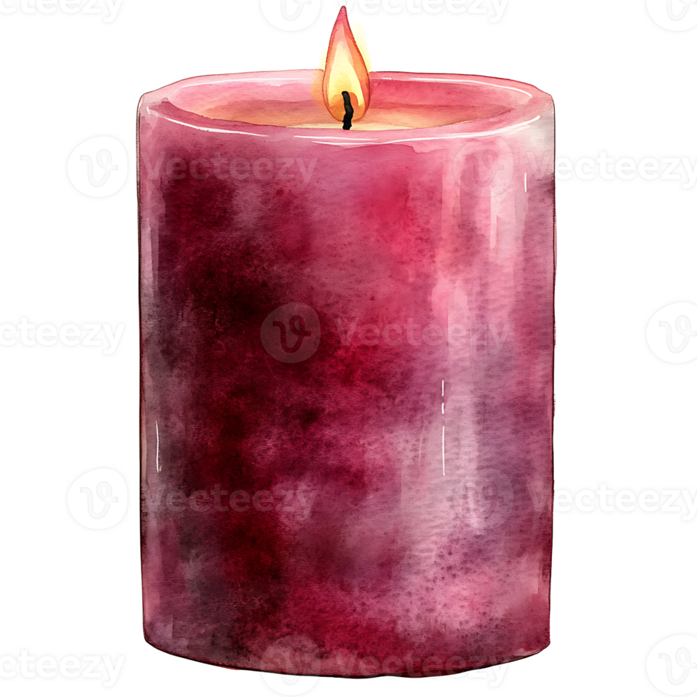 Watercolor painting of pink candle with lit flame, creating warm png
