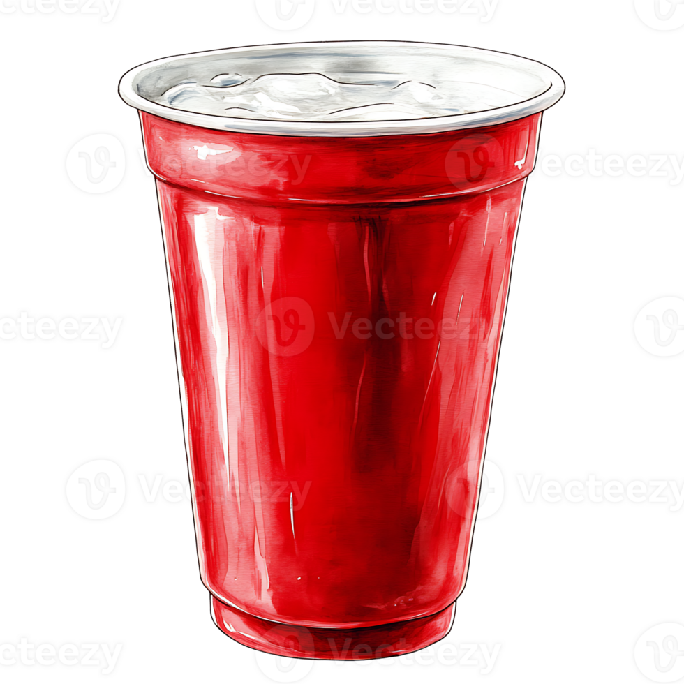 Red disposable cup filled with ice and cold beverage png