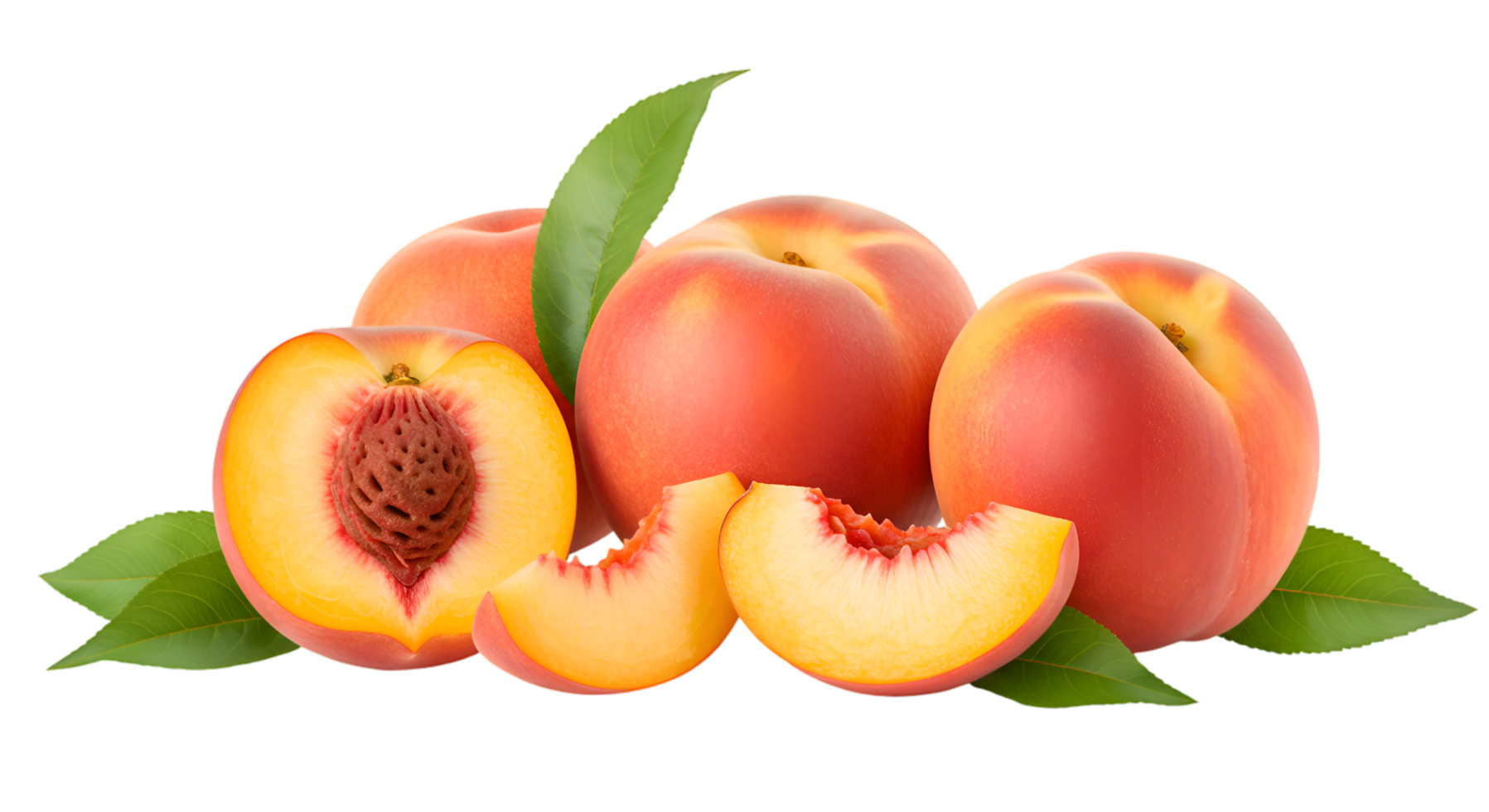 Fresh peaches with leaves one cut in half two slices vibrant colors png