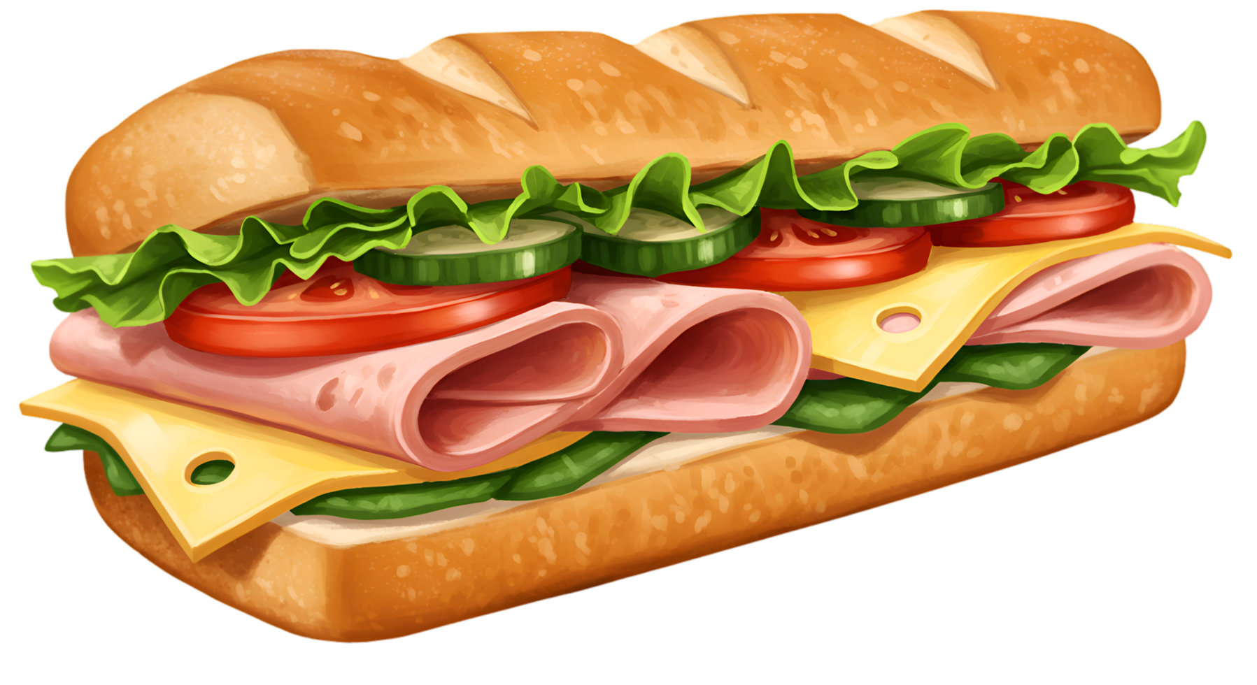 Delicious Sub Sandwich with Ham Cheese Lettuce Tomato and Cucumber Slices png