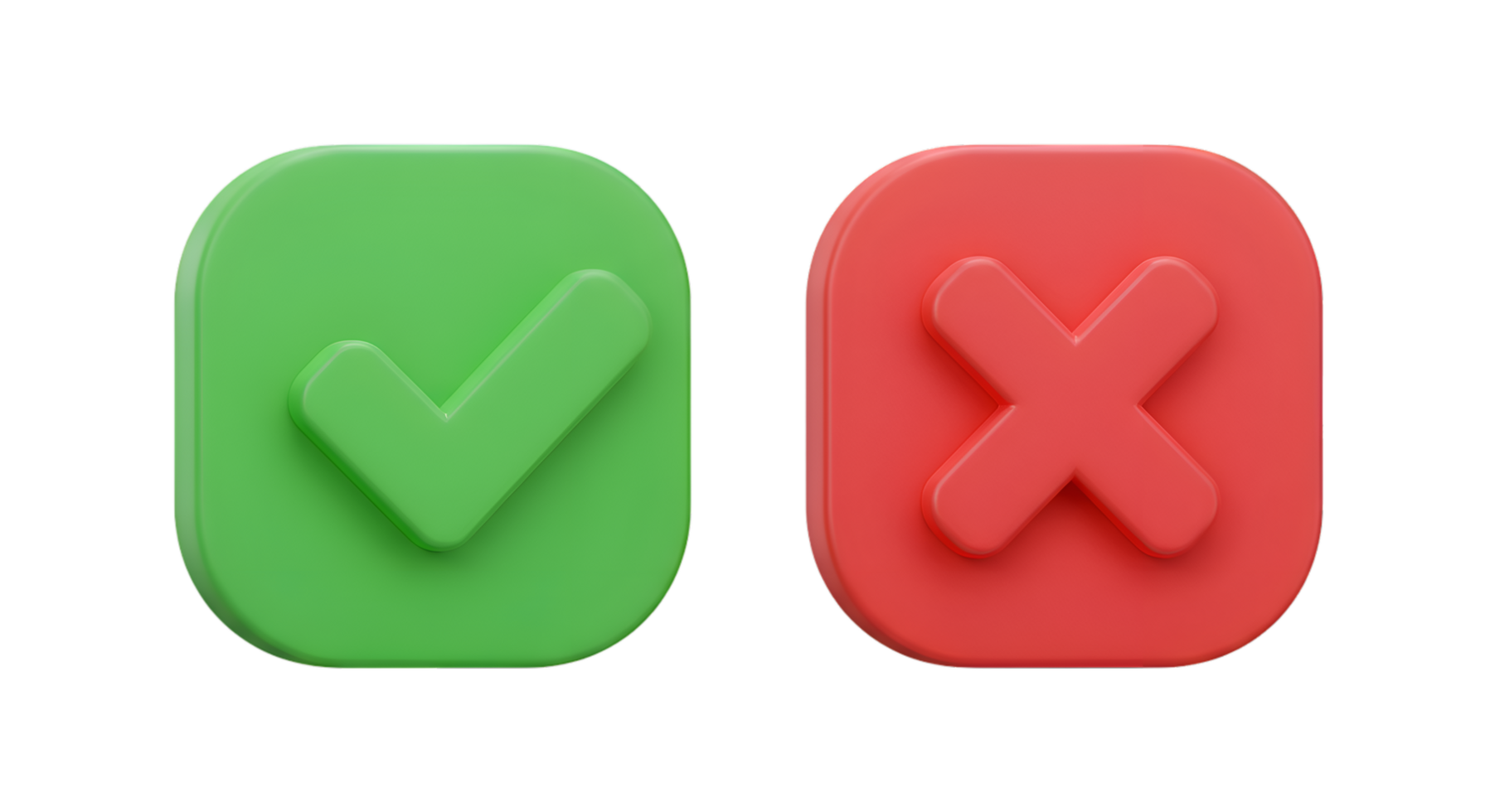 Green checkmark and red crossmark icons with rounded square bases 3D rendering png