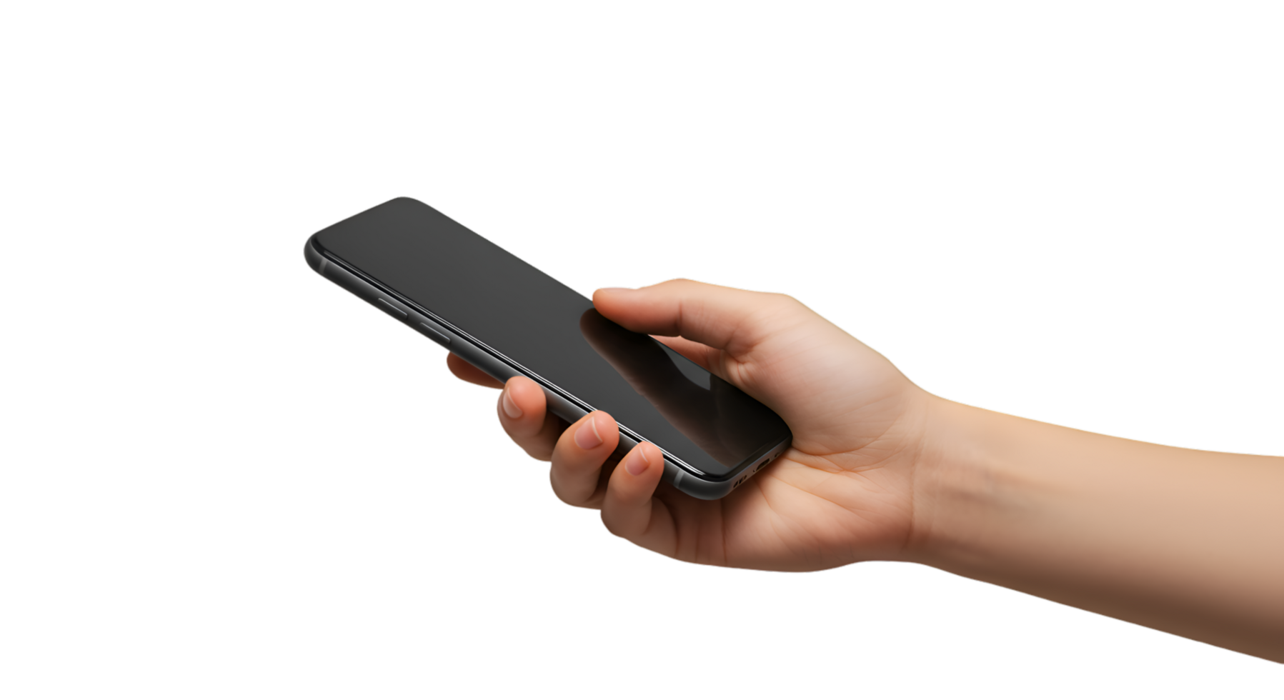 Hand holding a sleek black smartphone with a reflective screen png