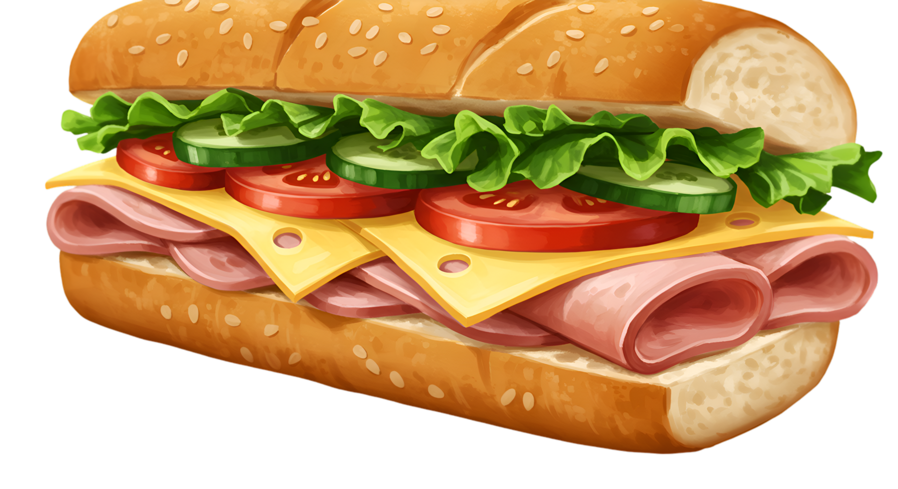 Delicious Sub Sandwich with Ham Cheese Lettuce Tomato and Cucumber png