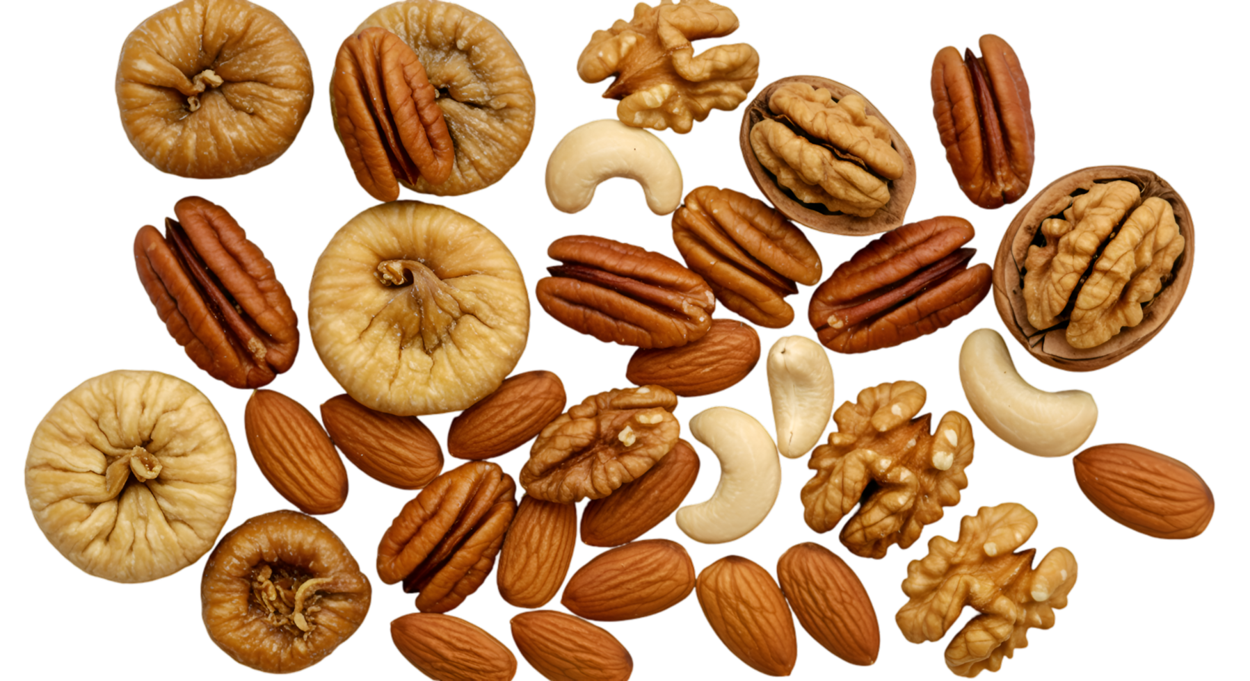 Assorted nuts and dried figs Almonds cashews pecans walnuts and figs png