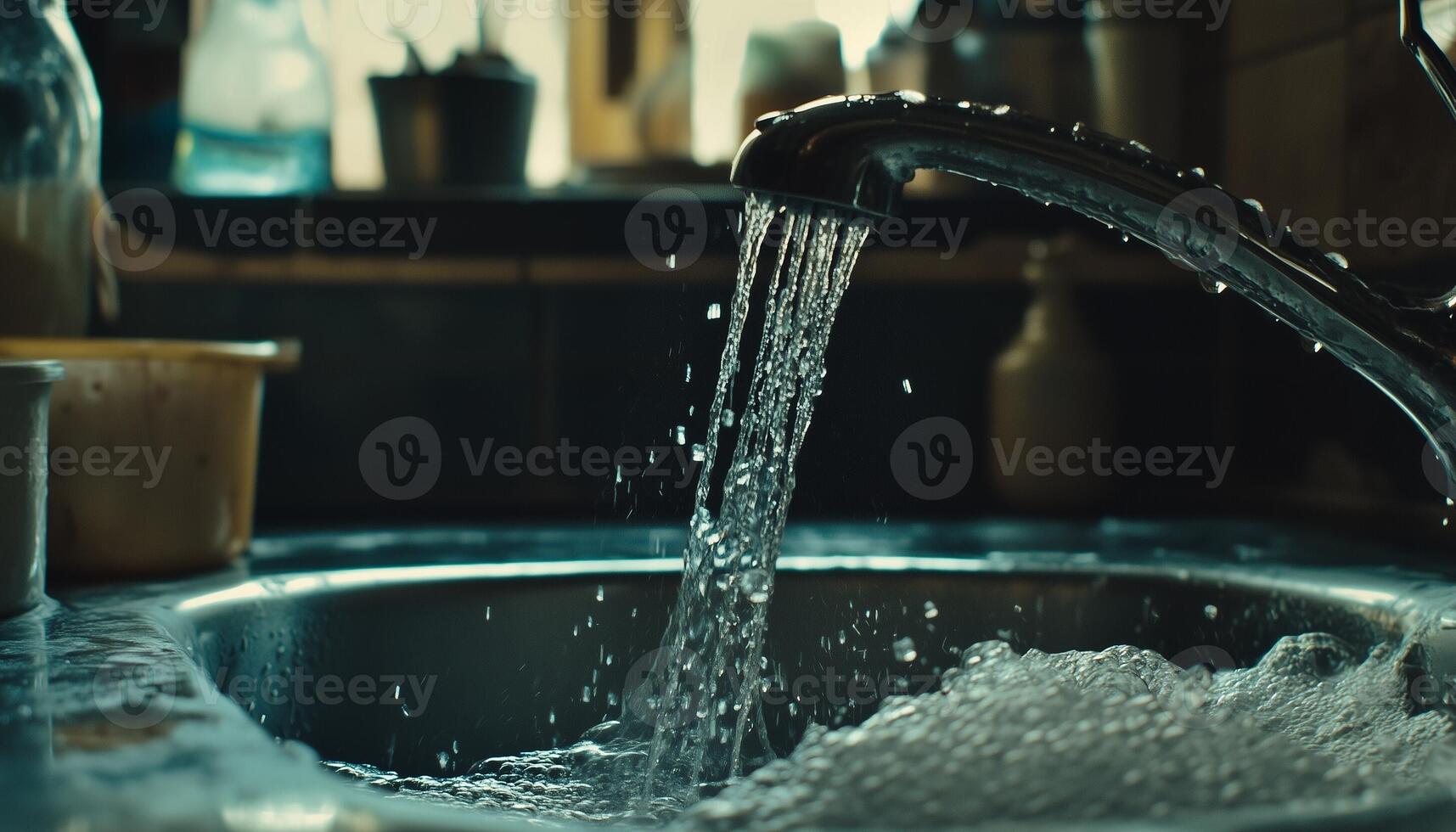 Faucet water running splashing on sink photo