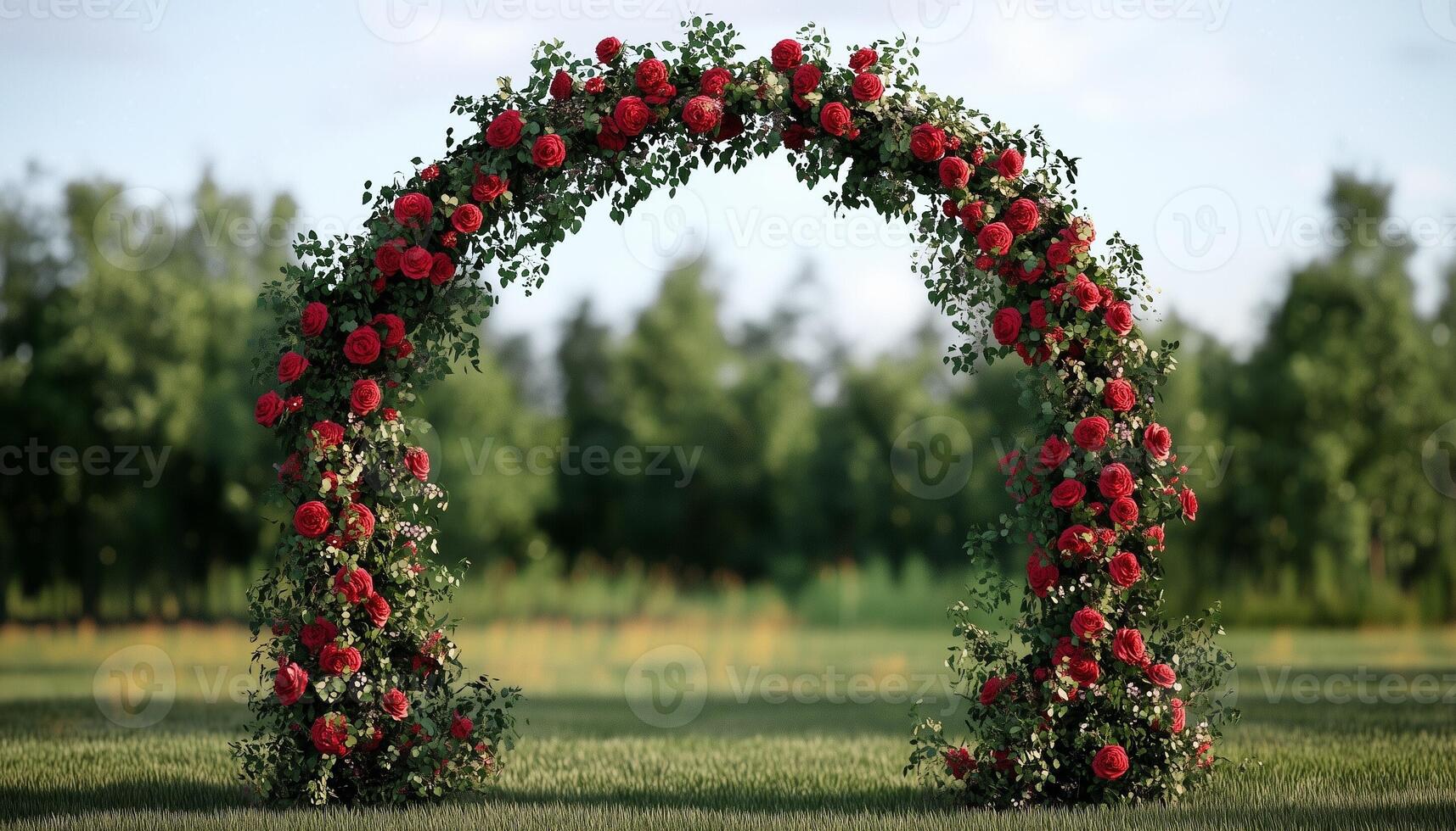 Wedding gate arch circle red rose romantic road decoration photo