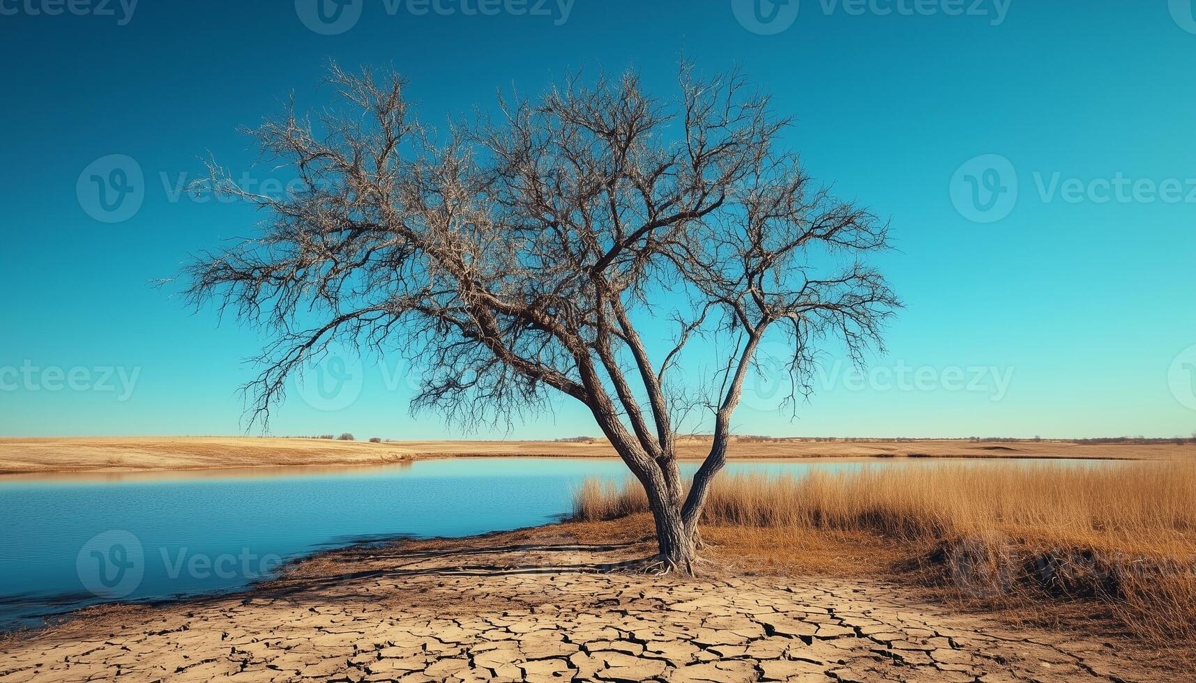 Dried trees without leaves stand in the middle of barren land and the water is starting to dry up weather photo