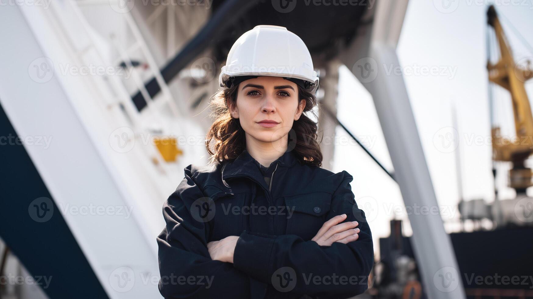 Confident female engineer in protective gear standing on industrial site, symbolizing gender equality, strength, and empowerment in male-dominated professions. photo